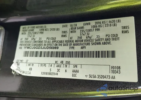 2018 Ford Escape Se z USA, uszkodzony, nr VIN 1FMCU0GD3JUD56989